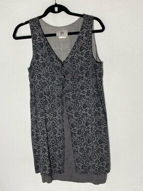 Vintage 90s Periscope Black Ditsy Floral Button Front Tank Mini Dress Tunic M